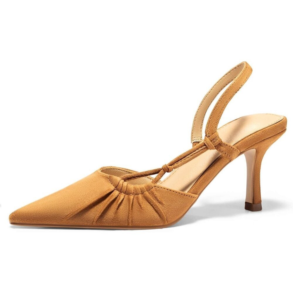 Women's Light Brown Slingback Kitten Closed Pointed Toe Pumps Party Dress Shoes